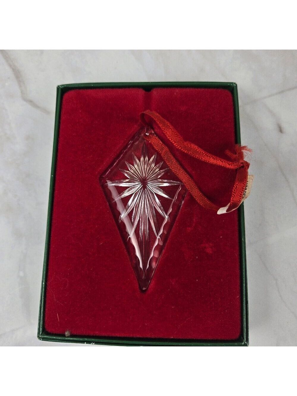Set of 2 Lead Crystal Diamond Shaped Ornaments Ribbon Hangers In Original Boxes